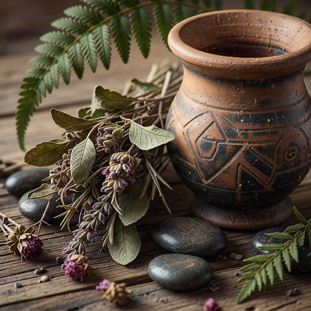 Sacred Ayahuasca elements featuring ritual items set against a mysterious spiritual forest background
